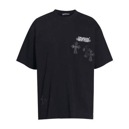 CHH Chrome Heart T Shirts Cross Color Leather Printed Short Sleeve T-Shirt Loose