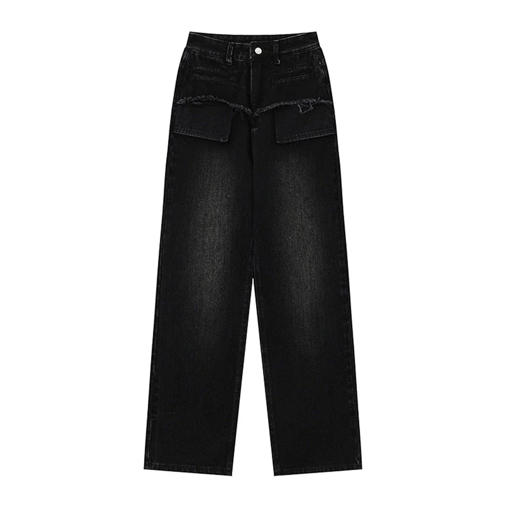 Women Pants Pocket Straight Jeans Loose High Waist Wide Leg Pants Casual Washed Trousers