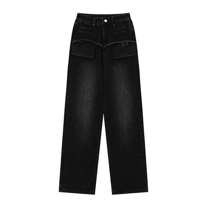 Women Pants Pocket Straight Jeans Loose High Waist Wide Leg Pants Casual Washed Trousers
