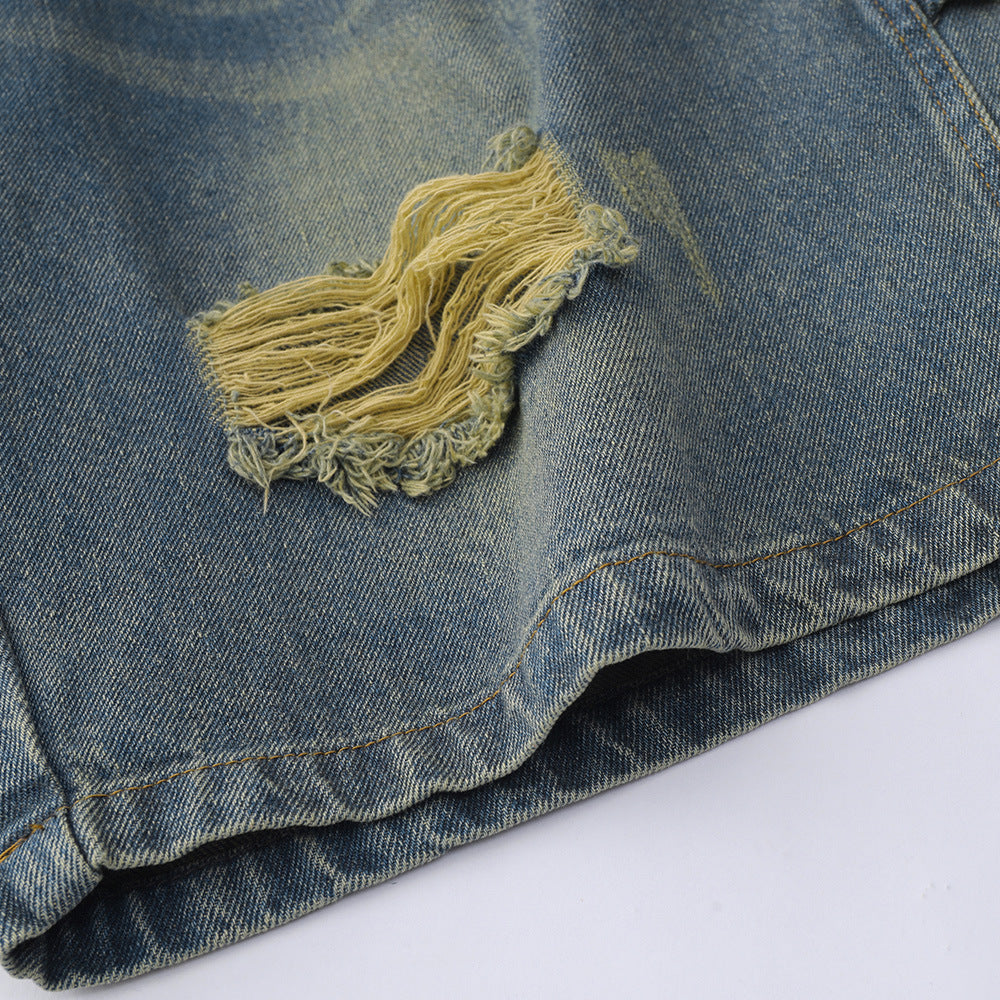 Men Shorts Ripped Denim Shorts Retro Casual Loose