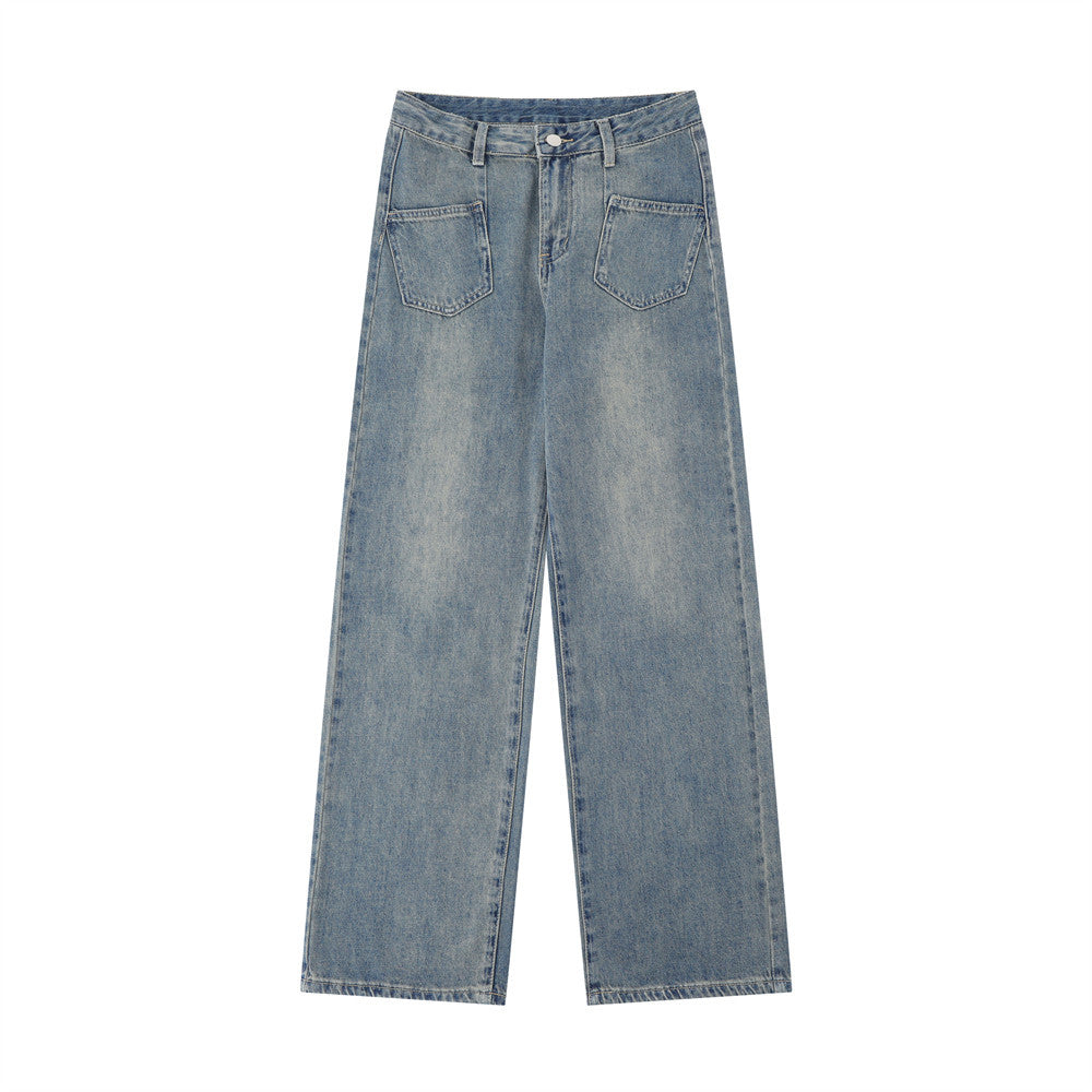 Women Pants Washed Jeans Straight-Leg Pants Loose-Fitting Wide-Leg Trousers