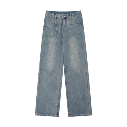 Women Pants Washed Jeans Straight-Leg Pants Loose-Fitting Wide-Leg Trousers