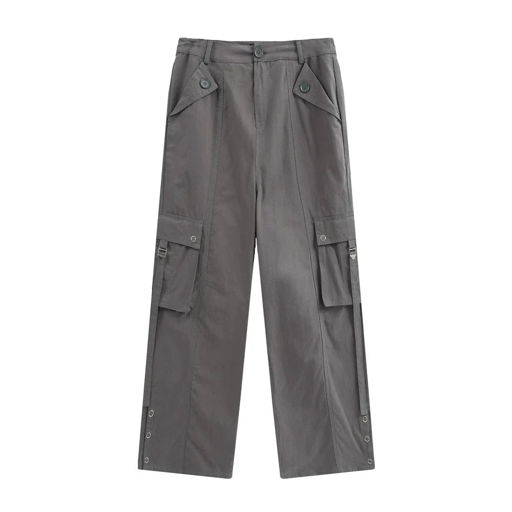 Men Sweatpants Multi-Pocket Workwear Casual Pants Button Split Solid Color Straight-Leg Trousers