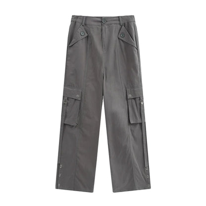 Men Sweatpants Multi-Pocket Workwear Casual Pants Button Split Solid Color Straight-Leg Trousers