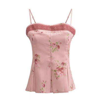 Women Tops Summer Lace Printed Suspenders Backless Short Sexy Top