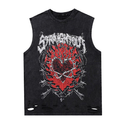 Men Vest Vintage Gothic Cross Washed Distressed Vest