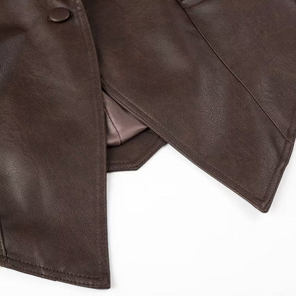 Women Tops Spring Retro Coffee Color Brown Leather Coat V-neck Lace-up Top