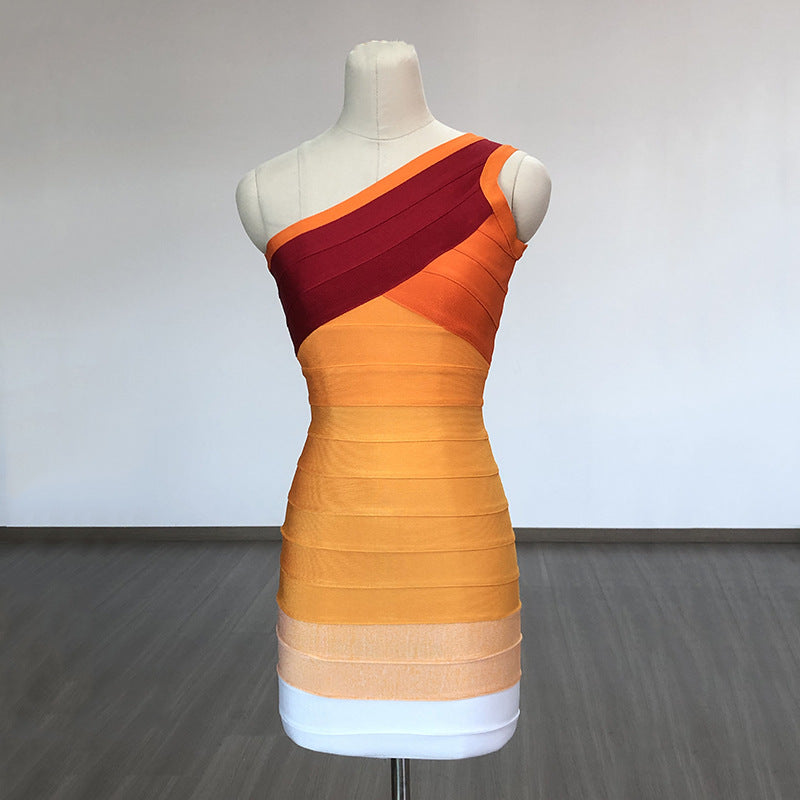 Women Evening Dress Rainbow Dress Striped Sheath Bandage One-Piece Dress Dress