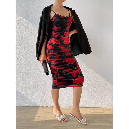 Women Party Tops Sexy Mesh Camisole Pleated Retro Dress