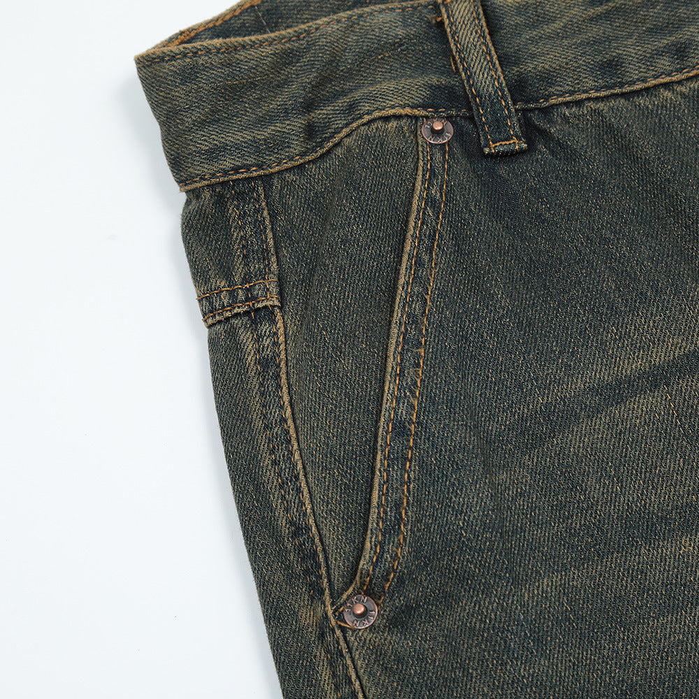 Men Jeans Overalls Loose Distressed Retro Multi-Pocket Trousers