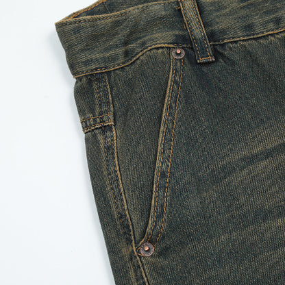 Men Jeans Overalls Loose Distressed Retro Multi-Pocket Trousers