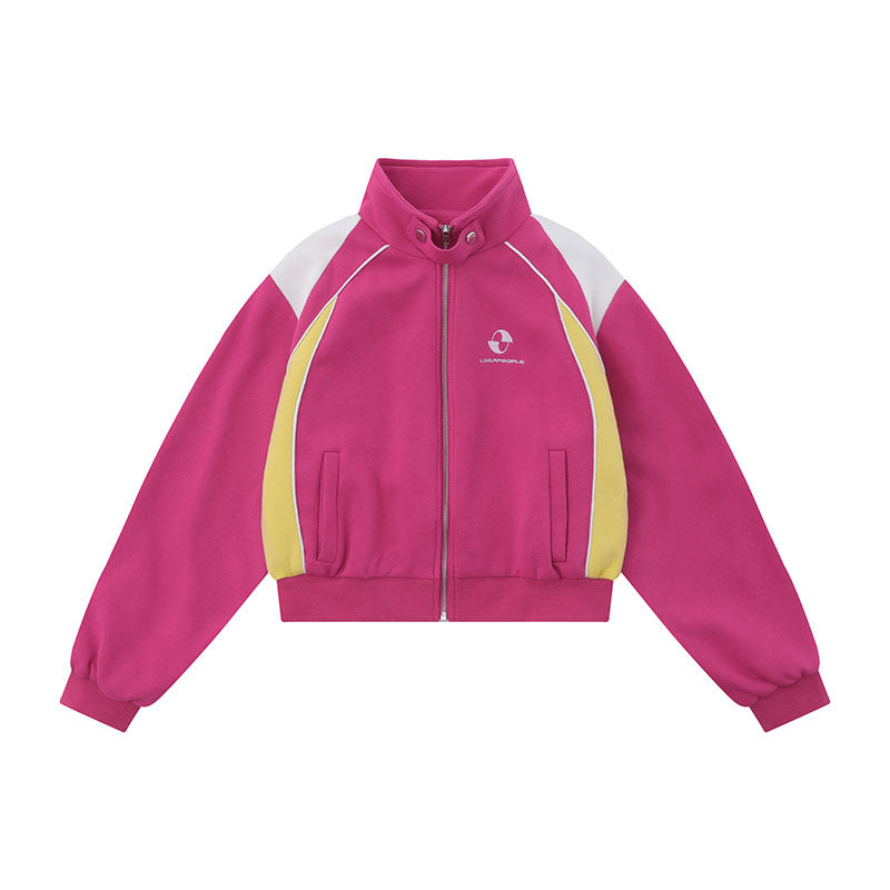 Women Jackets Color Stitching Stand-Collar Zipper Vintage