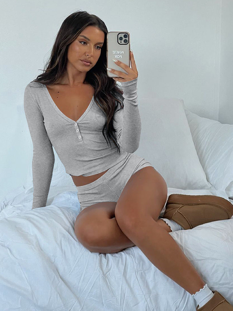 Women Co-Ord Set Casual Yoga Two-Piece V-neck Shorts Suit