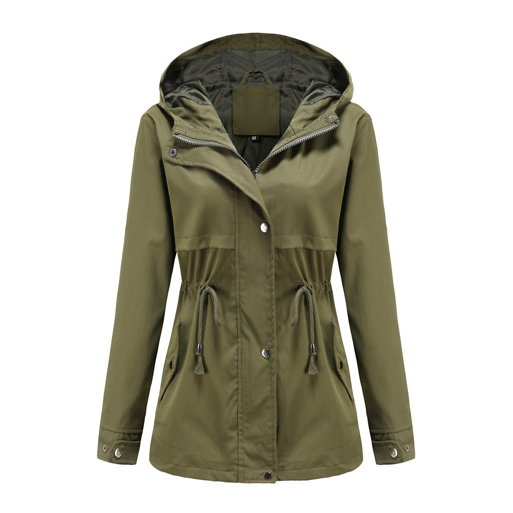 Women Trench Coat Mid-Length Hooded Jacket Long-Sleeved Raincoat