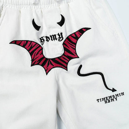 Men Sweatpants Personalized Embroidered Devil Horn Straight Casual Trousers Hip Hop Diagonal Cloth Jeans
