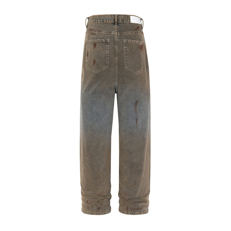 Men Jeans Straight Jeans Cement Color Washed Vintage Distressed Loose-Fitting Wide-Leg Trousers