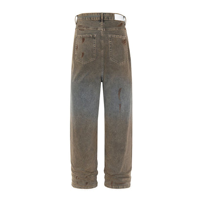 Men Jeans Straight Jeans Cement Color Washed Vintage Distressed Loose-Fitting Wide-Leg Trousers