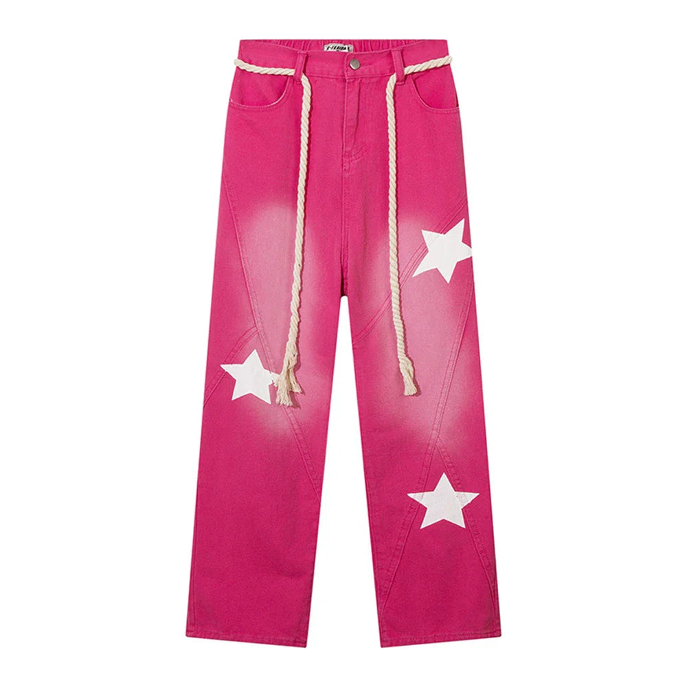 Women Pants Pink Jeans Tie-Dye XINGX Printed Straight-Leg Pants