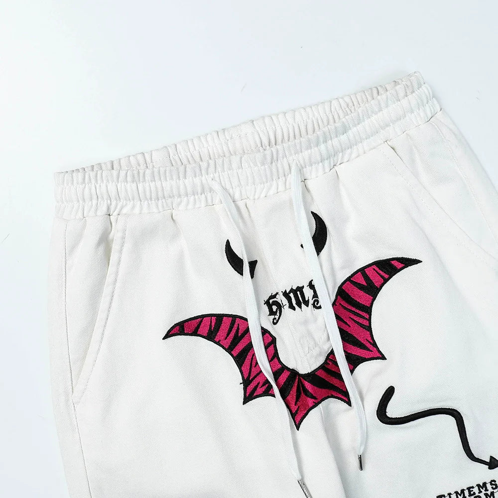 Men Sweatpants Personalized Embroidered Devil Horn Straight Casual Trousers Hip Hop Diagonal Cloth Jeans