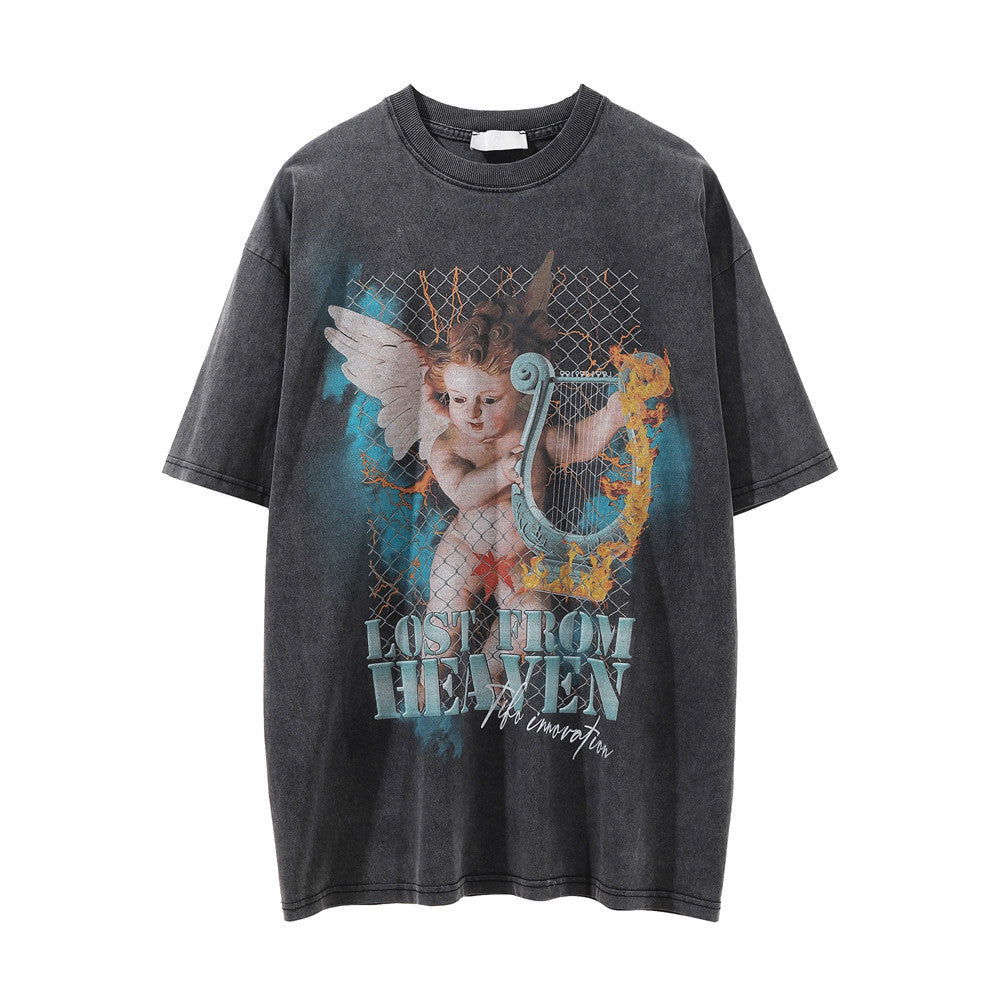 Men Vintage T-Shirt Printed Men's Short-Sleeved T-shirt Ins Distressed round Neck Summer Loose