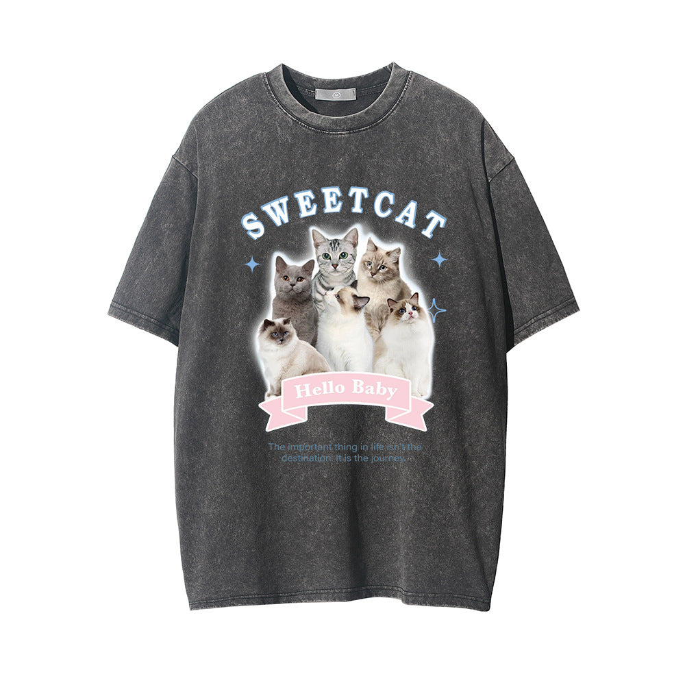Men Vintage T-Shirt Printed Distressed Washed Short-Sleeved T-shirt Men's Summer Casual Loose round Neck