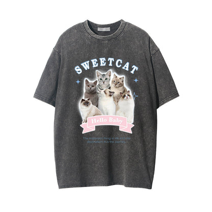 Men Vintage T-Shirt Printed Distressed Washed Short-Sleeved T-shirt Men's Summer Casual Loose round Neck