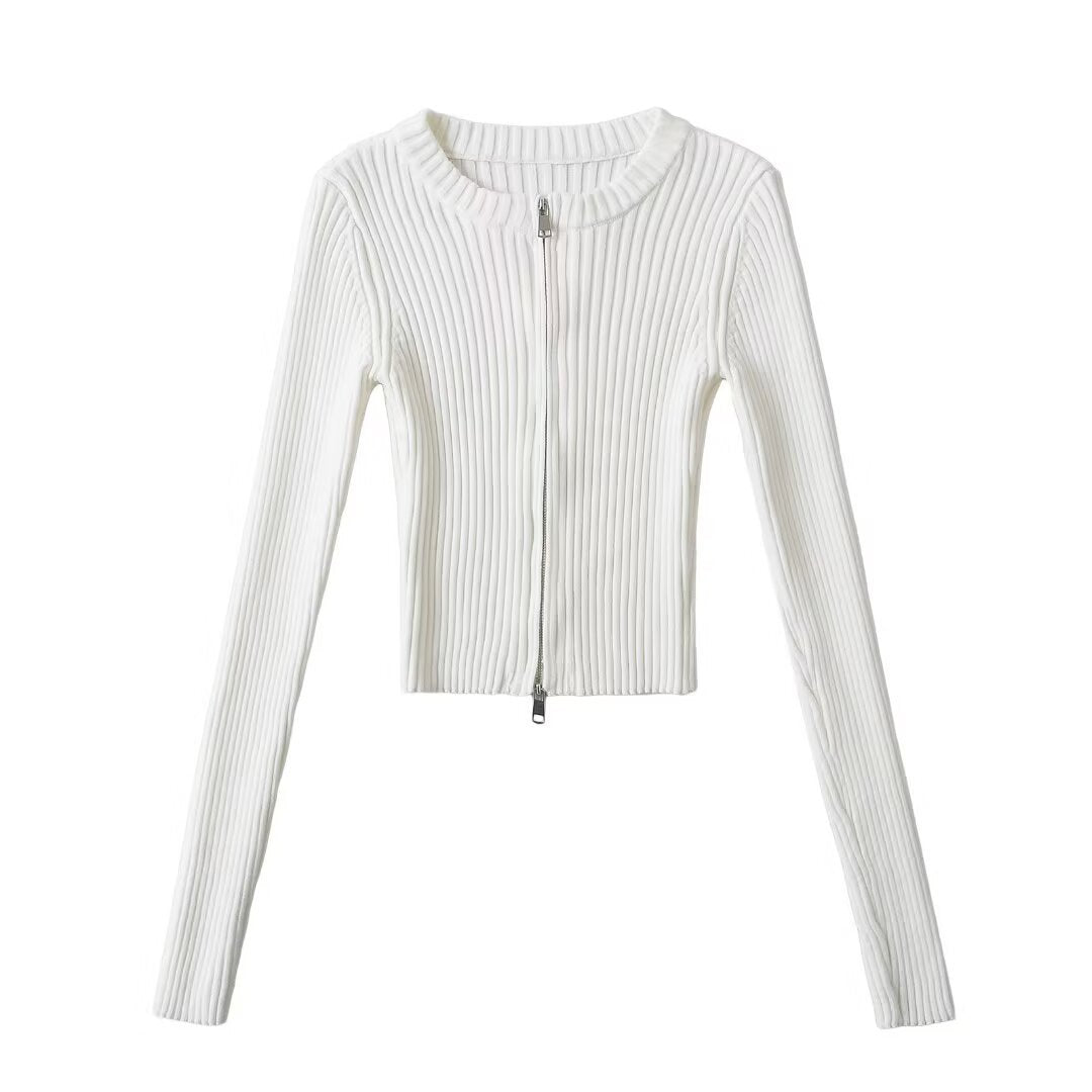 Women Tops Spring/Summer Double Zipper Knitted Cardigan Short Top