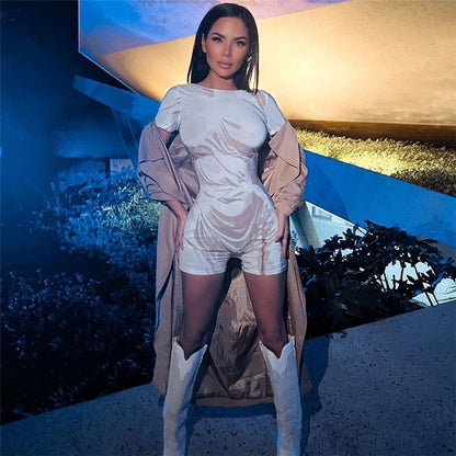 Women Jumpsuit Summer Casual round Neck Short Sleeves Tight One-Piece Shorts