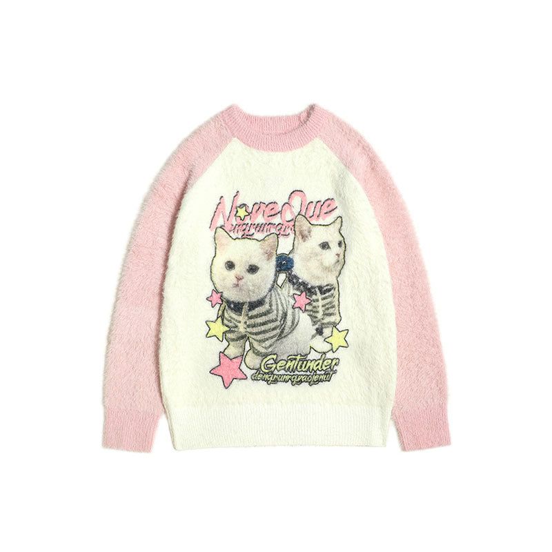 Women Sweater Color Matching Couple Sweater Retro Vibe Loose All-Match