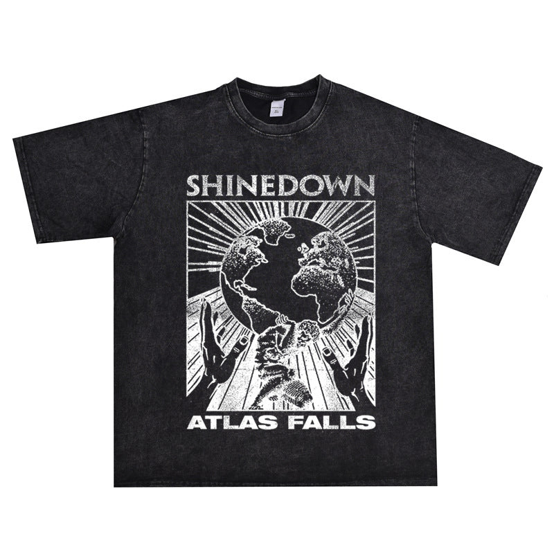 Rock Star T Shirt Falling Band Printed T-shirt Washed Distressed Short Sleeve Loose Cotton Men and Women