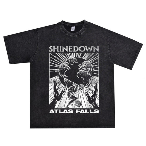 Rock Star T Shirt Falling Band Printed T-shirt Washed Distressed Short Sleeve Loose Cotton Men and Women