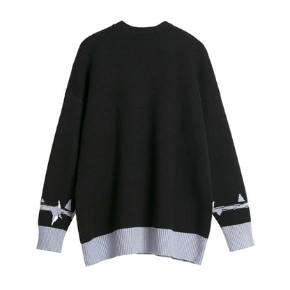 Women Sweater Contrast Color Cross Knitted Sweater Oversize