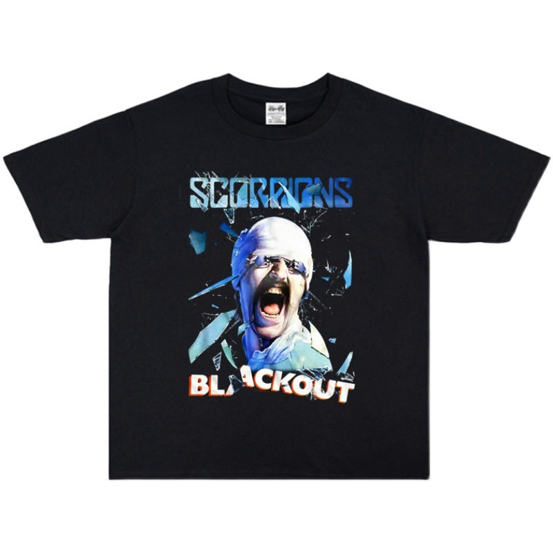 Rock Star T Shirt Scorpions Scorpions Short Sleeve Printed Cotton Washed Distressed T-shirt Men and Women Loose