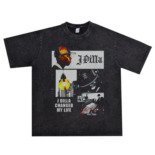 Rock Star T Shirt European and American Hip-Hop J. Dilla Jay Dee Washed Distressed T-shirt Short Sleeve Loose