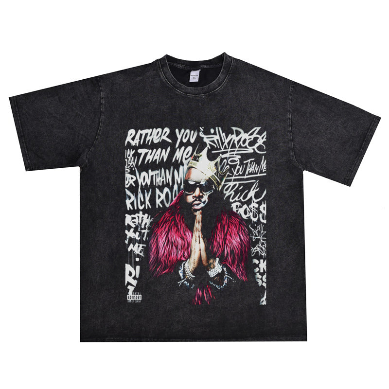 Rock Star T Shirt Rapper Rick Ross William Roberts Washed Distressed T-shirt Short Sleeve