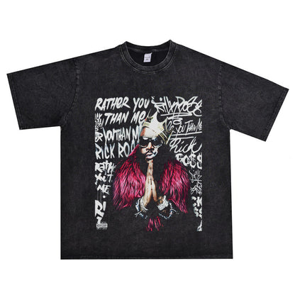 Rock Star T Shirt Rapper Rick Ross William Roberts Washed Distressed T-shirt Short Sleeve