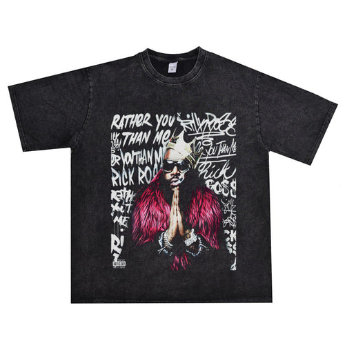 Rock Star T Shirt Rapper Rick Ross William Roberts Washed Distressed T-shirt Short Sleeve