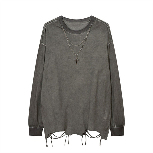Men Long Sleeve T-Shirt Distressed Dirty Punk Swing Cut Ripped Necklace Decoration