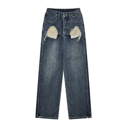 Women Pants Ripped Jeans Loose Straight Wide Leg Pants Trousers