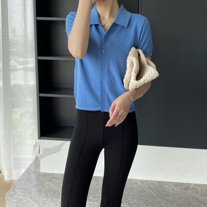 Women Knitted T-shirt Knitted Cardigan Jacket Slim Fit Short Sleeve Polo Collar Top