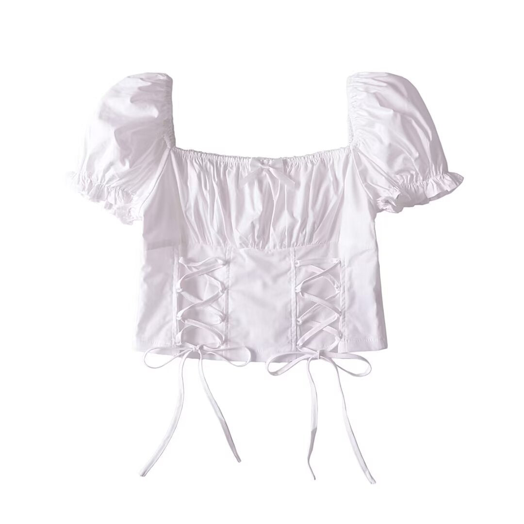 Women Tops Summer Vintage Court Style Puff Sleeve Square Collar Lace up Shirt