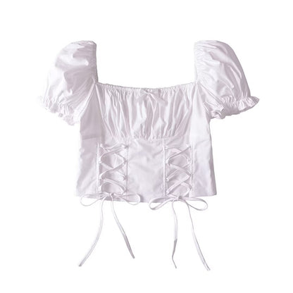 Women Tops Summer Vintage Court Style Puff Sleeve Square Collar Lace up Shirt