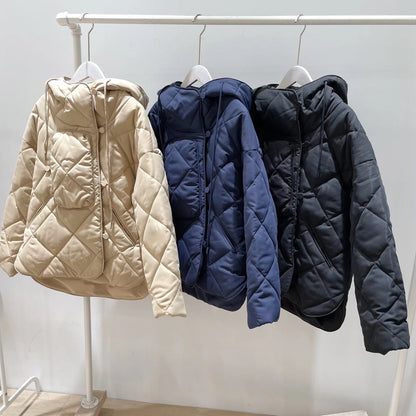 Women Cotton Coat Breasted Loose and Warm Diamond Grid Cotton Jacket