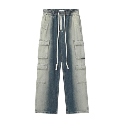 Men Jeans Gradient Tie-Dye Multi-Pocket Popular Hip Hop Loose