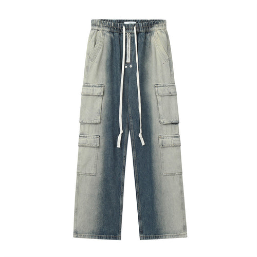 Men Jeans Gradient Tie-Dye Multi-Pocket Popular Hip Hop Loose