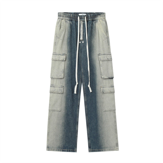 Men Jeans Gradient Tie-Dye Multi-Pocket Popular Hip Hop Loose