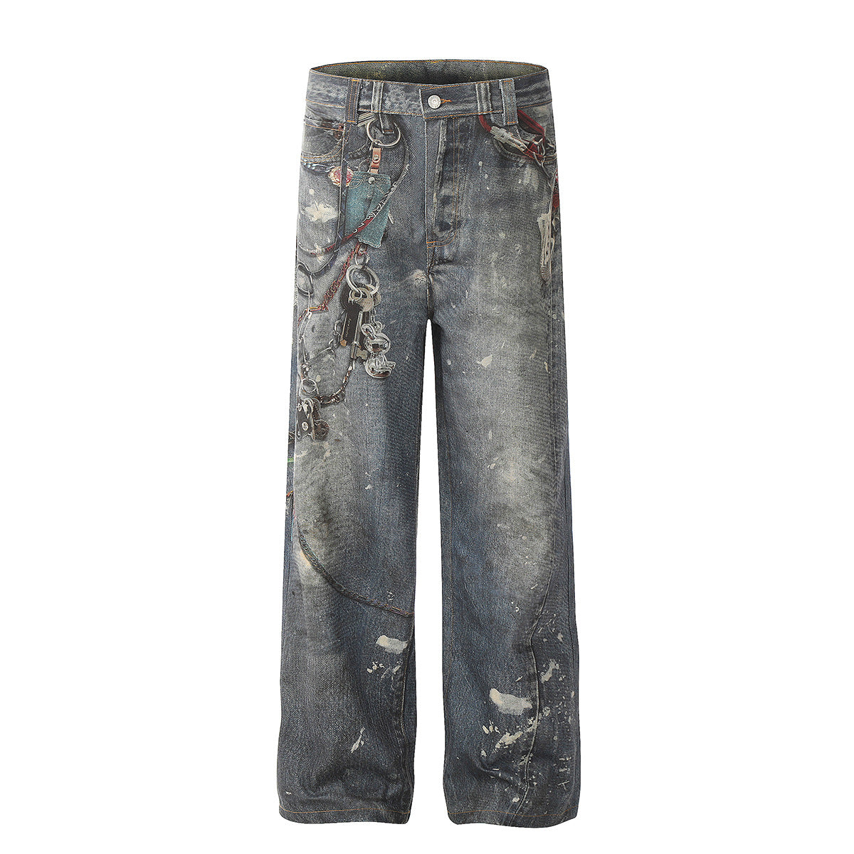 Unisex Pants Distressed Ink-splashed Loose-fitting Chain Jeans