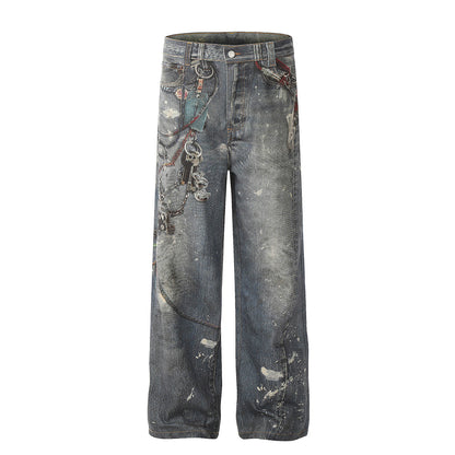 Unisex Pants Distressed Ink-splashed Loose-fitting Chain Jeans