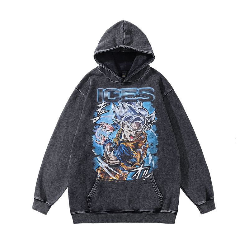 Men Hoodie Retro Punk Cartoon Printed Heavy Wash Hoodie