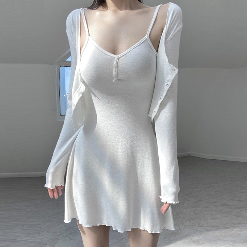 Women Dresses White V-neck Suspenders Dress Long Sleeve Cardigan Jacket Suit Skirt